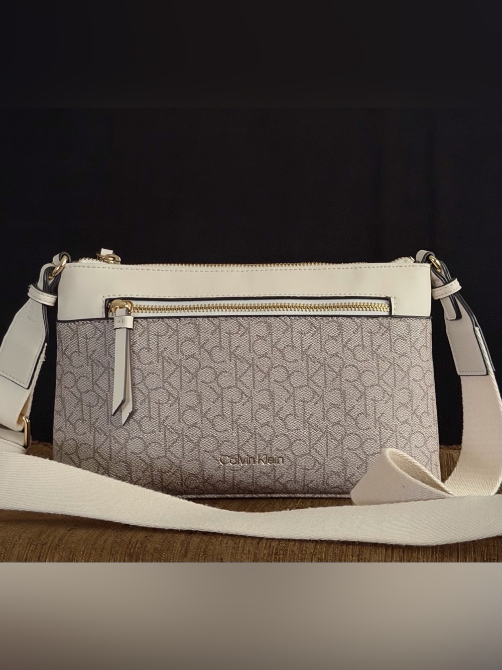 Calvin Klein Hudson Taupe Monogram Cream Woven Crossbody Bag Logo FlatPack Purse